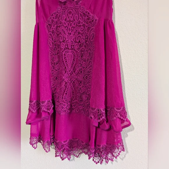 Free People Berry Fuchsia Crochet Lace Mini Dress Layered Hem Swing Dress 10 - Picture 11 of 15